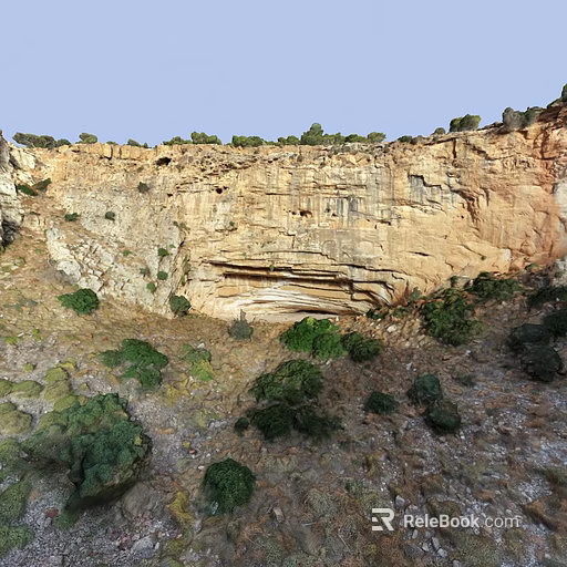 Green bushy plants growing at base of rocky cliff with yellow stone walls 3d model 