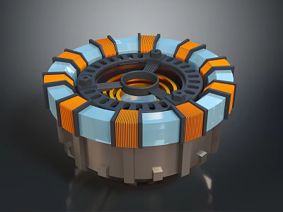 Industrial Mechanical Device With Circular Structure Blue Orange Sections And Copper Coils 3d model