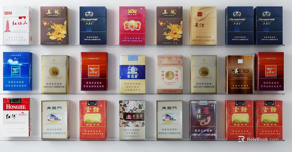 Colorful Cigarette Packs Display With Various Brands And Different Designs 3d model