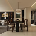 Elegant Modern Living and Dining Room With Curved Sofa Coffee Table Fireplace And Chandelier