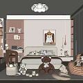 Cozy Pink And White Kids Room With Stuffed Toys Bookshelves Bed And Chandelier Rug