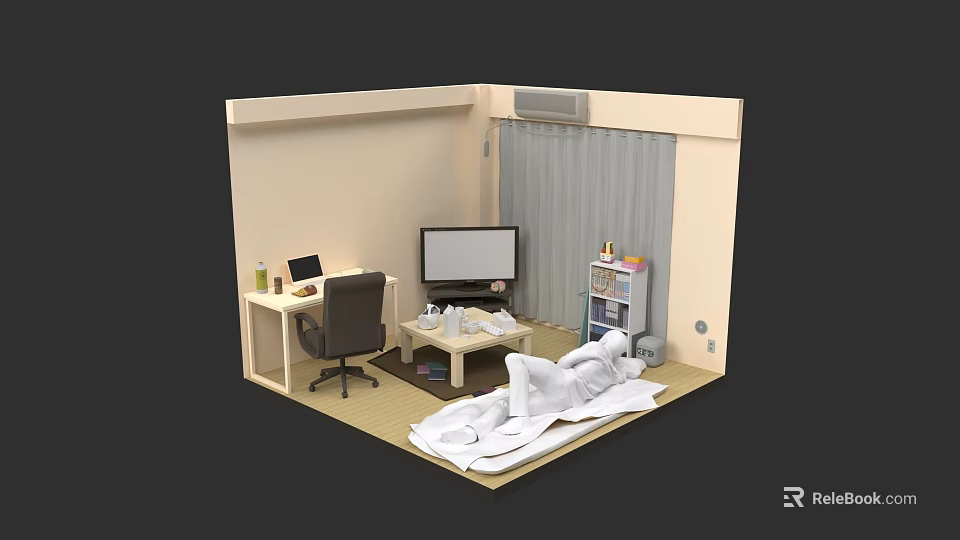White Figure Lying In Room With Desk Computer TV And Bookshelf 3d model 