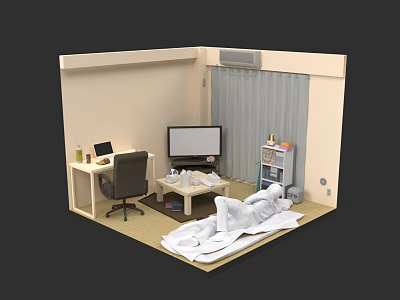 White Figure Lying In Room With Desk Computer TV And Bookshelf 3d model