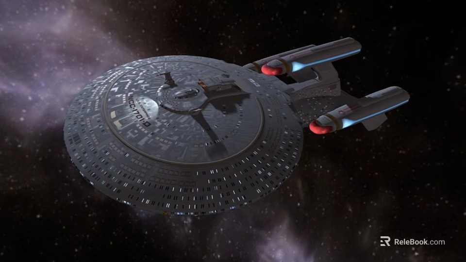 Disc Shaped Starship With Red Engines In Starry Space Background 3d model 