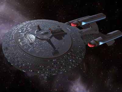 Disc Shaped Starship With Red Engines In Starry Space Background 3d model
