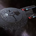 Disc Shaped Starship With Red Engines In Starry Space Background