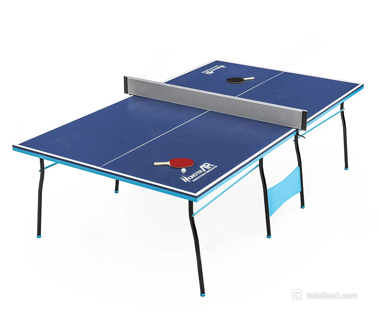 Sturdy Table Tennis Table With Blue Tabletop Net And Rackets As Sports Equipment 3d model 