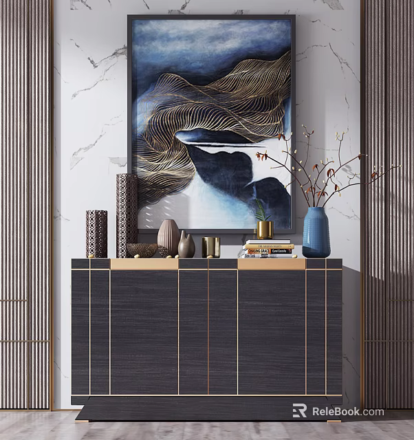 Elegant Modern Console Table Side Cabinet With Dark Wood Vase Artwork And Books Decor 3d model 