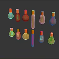 Golden Metallic Bottles in Various Shapes with Reflections on Dark Background
