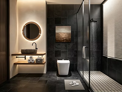 Modern Bathroom Interior Design Featuring Dark Tiles Round Mirror Wall Mounted Sink And Shower 3d model