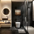 Modern Bathroom Interior Design Featuring Dark Tiles Round Mirror Wall Mounted Sink And Shower
