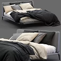 Cozy Modern Double Bed With Gray Headboard Black Beige Bedding And Plush Pillows