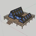 Modern Detached Villa Featuring Sloped Roof Glass Windows Wooden Deck and Lush Green Surroundings