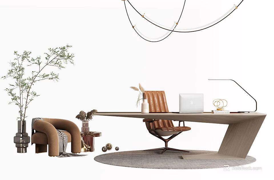 Modern Elegant Desk Workspace With Brown Leather Chair Laptop Green Plant Decorations And Rug 3d model 