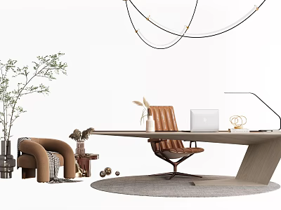 Modern Elegant Desk Workspace With Brown Leather Chair Laptop Green Plant Decorations And Rug 3d model