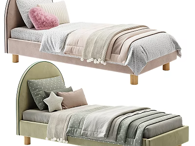 Stylish Single Bed Designs with Pink and Green Headboards and Striped Bedding 3d model