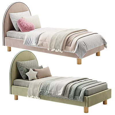 Stylish Single Bed Designs with Pink and Green Headboards and Striped Bedding 3d model
