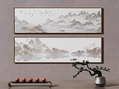 Two Traditional Chinese Landscape Paintings Of Mountains And Rivers On Wall 3d model