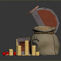Open Treasure Chest Scene With Money Bag Gold Coins And Colorful Gemstones