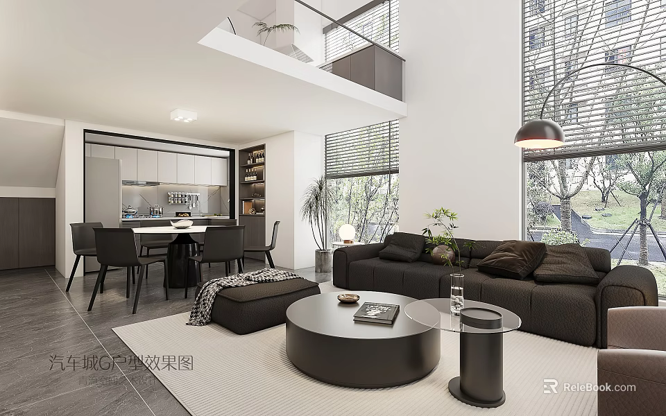 Modern Open Living Dining Room Interior Design With Sofa Dining Table And Green Plants 3d model 