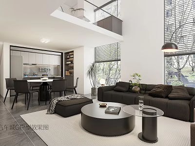 Modern Open Living Dining Room Interior Design With Sofa Dining Table And Green Plants 3d model