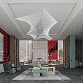 Elegant Hotel Lobby With Glass Skylight Artistic Chandelier Red Wall And Green Plants