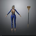 Woman in Blue Suit with Gold Details and Silver Hair Standing by Ornate Staff
