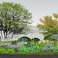 Diverse Flowers and Plants in Garden Landscape With Various Trees and Green Foliage