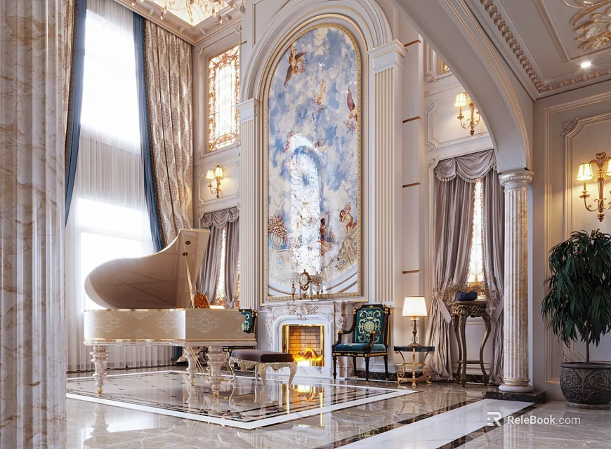 Luxurious Duplex Living Room With Grand Piano Fireplace And Mural 3d model 