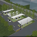 Car Parking Canopies In Outdoor Green Parking Area With Trees And Vehicles