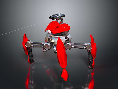 Futuristic Mechanical Spider Robot Featuring Red Appendages And Shiny Metallic Framework 3d model