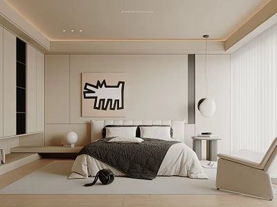 Modern Bedroom Interior Design With Gray White Bedding Abstract Painting Wardrobe And Window Chair 3d model