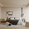 Modern Bedroom Interior Design With Gray White Bedding Abstract Painting Wardrobe And Window Chair