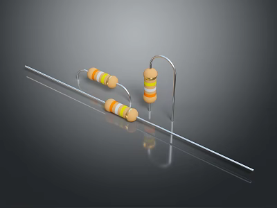 Orange And Yellow Resistors With Metal Brackets On Black Background Surface 3d model