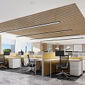 Modern Public Office Space With Wooden Ceiling Open Layout Office Desks And Computer Monitors 3d model