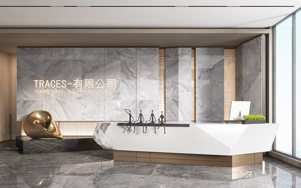 Modern Reception Desk Design With Marble Wall Company Logo Golden Sculpture And Green Plant 3d model 
