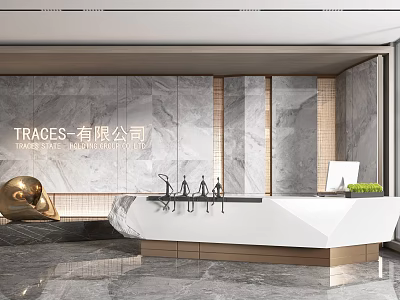 Modern Reception Desk Design With Marble Wall Company Logo Golden Sculpture And Green Plant 3d model