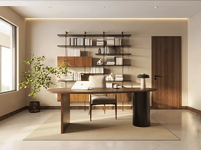 Modern Study Room Interior Design With Wooden Desk Chair Bookshelves And Green Plant 3d model