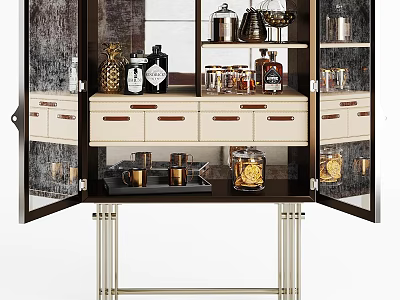 Elegant Modern Wine Cabinet With Glass Shelves Wine Bottles Metal Legs And Storage Drawers 3d model