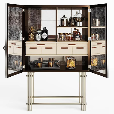Elegant Modern Wine Cabinet With Glass Shelves Wine Bottles Metal Legs And Storage Drawers 3d model
