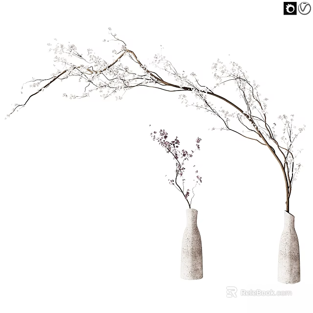 Decorative Ornament Set With Two Vases And Branches Adorned With White Purple Flowers 3d model 
