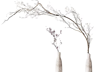 Decorative Ornament Set With Two Vases And Branches Adorned With White Purple Flowers 3d model