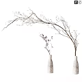 Decorative Ornament Set With Two Vases And Branches Adorned With White Purple Flowers