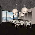 Private Dining Room With Large Windows Mountain View Long Table White Chairs Round Pendant Lights