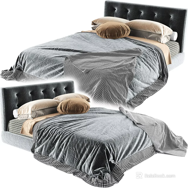 Cozy Double Bed With Tufted Headboard Gray Bedding And Brown Round Pillow In Modern Style 3d model 