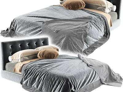 Cozy Double Bed With Tufted Headboard Gray Bedding And Brown Round Pillow In Modern Style 3d model