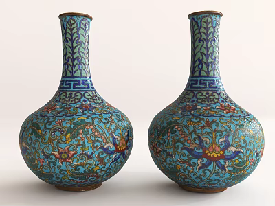 Blue Cloisonné Ceramic Vases With Floral Geometric Patterns And Tall Neck Round Base 3d model