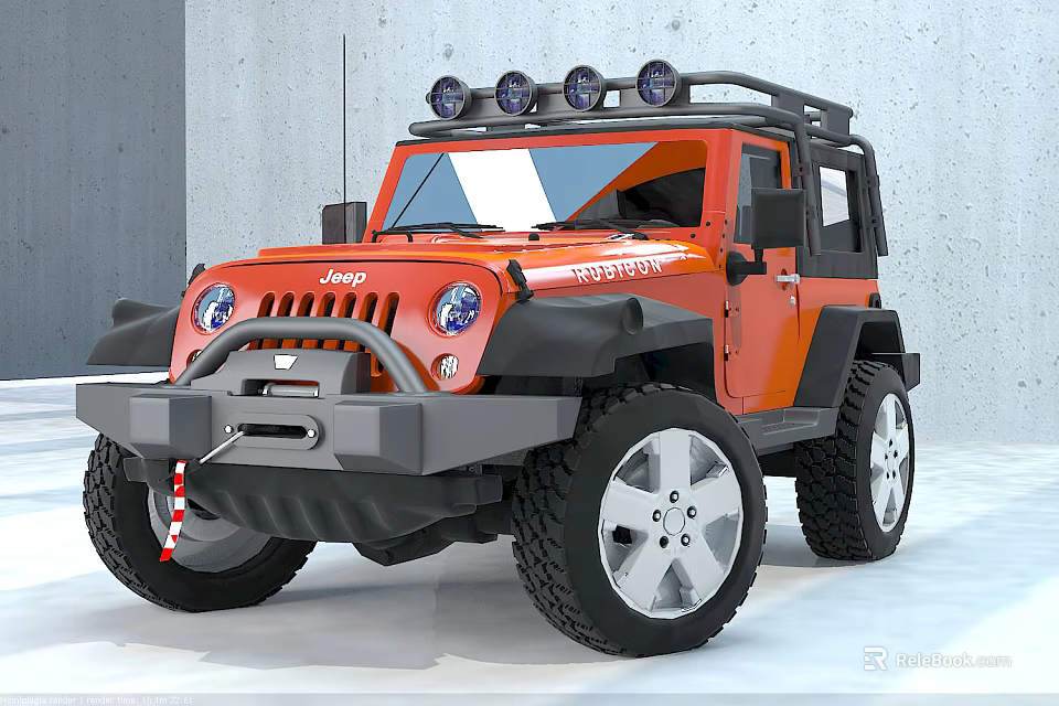 Orange Jeep Wrangler With Roof Mounted Spotlights And Large Off Road Tires 3d model 