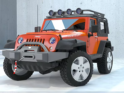 Orange Jeep Wrangler With Roof Mounted Spotlights And Large Off Road Tires 3d model
