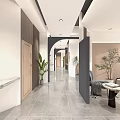 Modern Elevator Hallway Interior With Decorative Painting Plants Marble Accents And Tile Floor